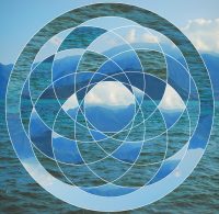 Abstract background with the image of the lake, mountains and the sacred geometry symbol. Harmony, spirituality, unity of nature. Collage, mosaic.