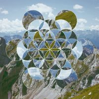 Abstract background with the image of the mountains and the flower of life. Sacred geometry. Harmony, spirituality, unity of nature. Collage, mosaic.