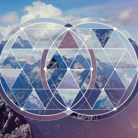 Geometric collage with the image of the mountain landscape. Abstract background with image of the sacred geometry. Harmony, spirituality, unity of nature